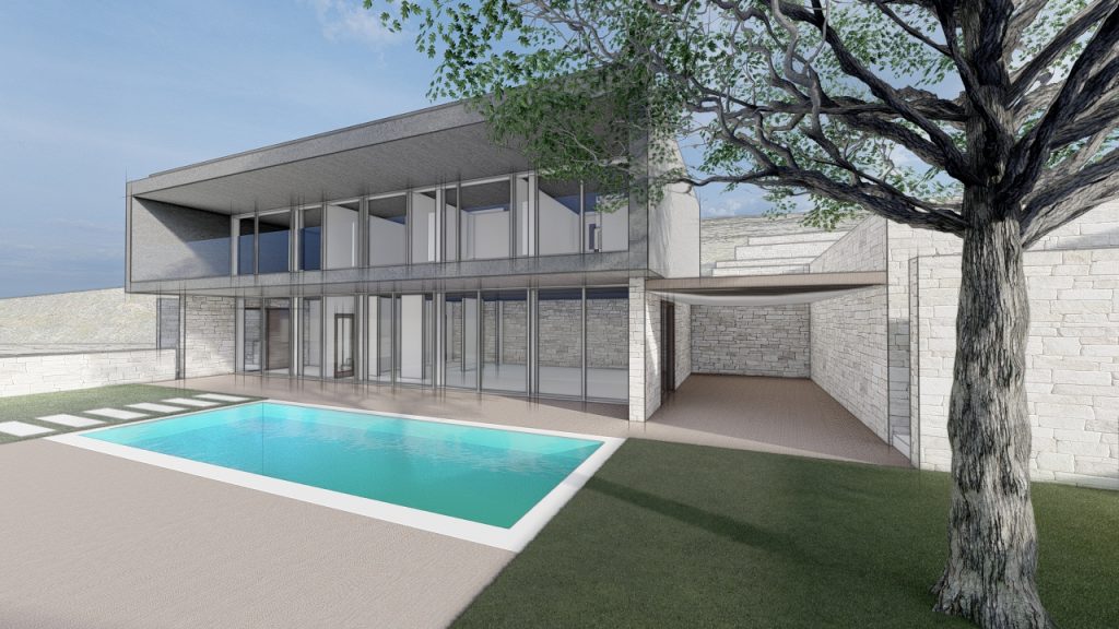 render moderne obiteljske kuće s terasom i bazenom